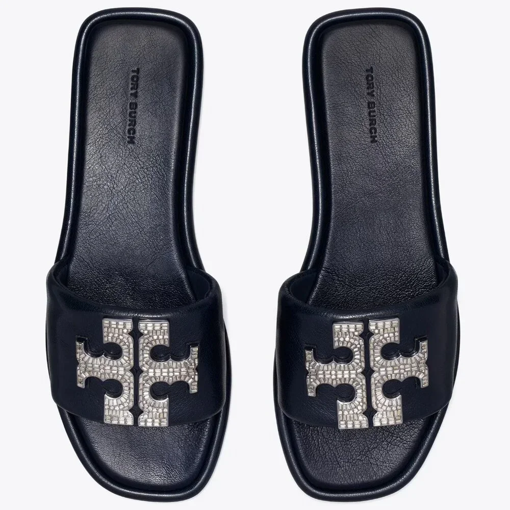 Tory Burch $258 DOUBLE T DECO SPORT SLIDE New Navy Rhinestones Embellished Flats
